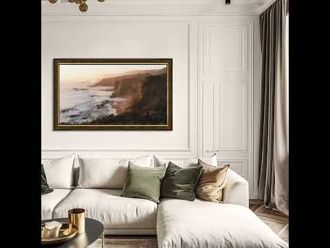 Wooden TV Frame for Samsung the Frame with gold detail placed on wall in cozy home.