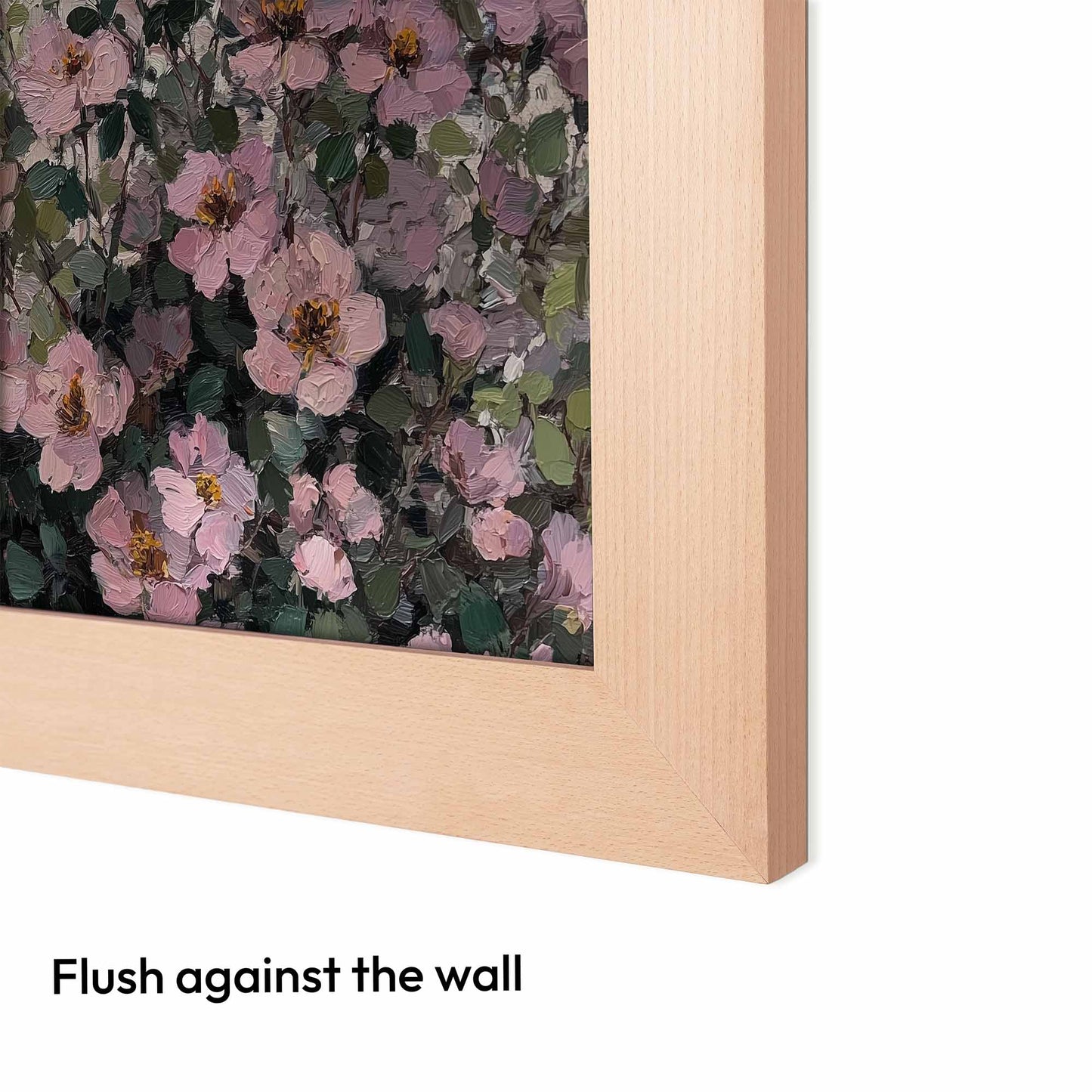 Floral artwork with a wooden frame flush against the wall