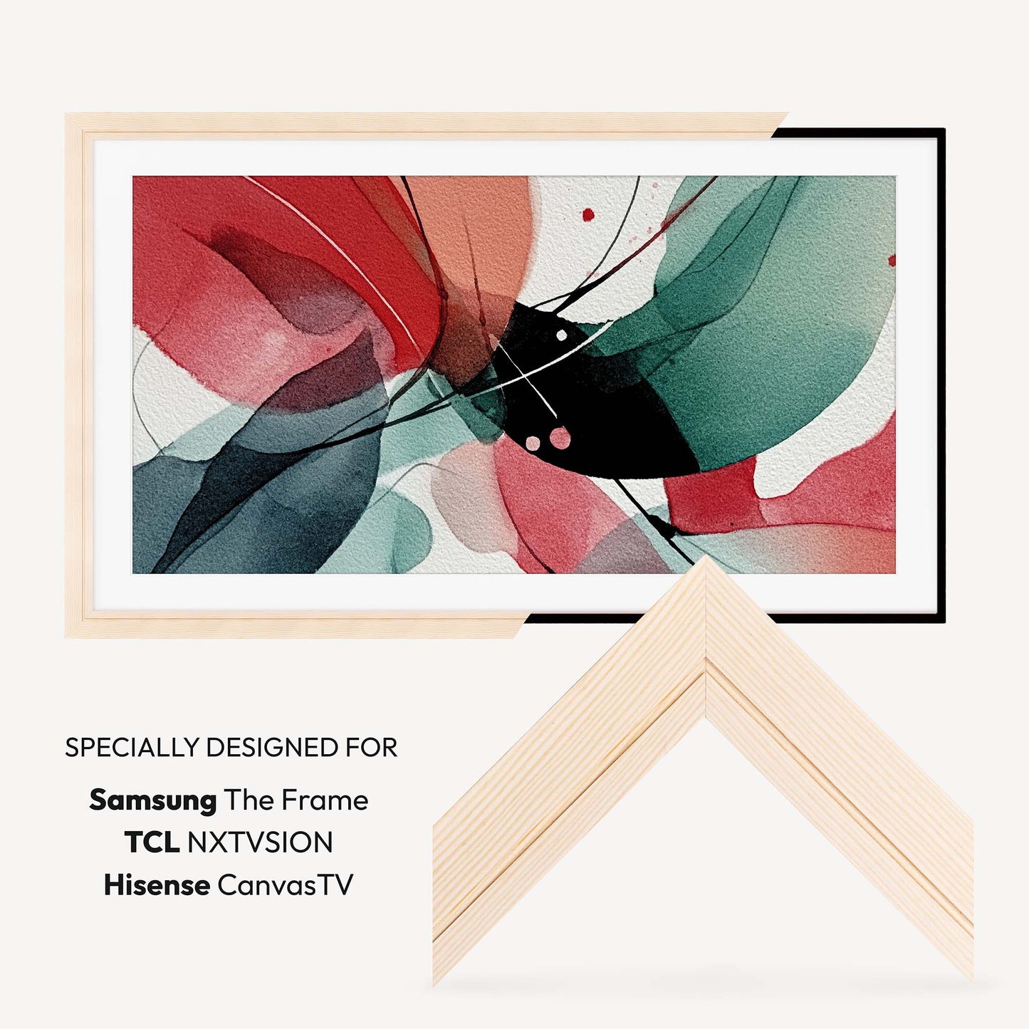 Framed abstract artwork with text indicating compatibility with Samsung, TCL, and Hisense TV models.