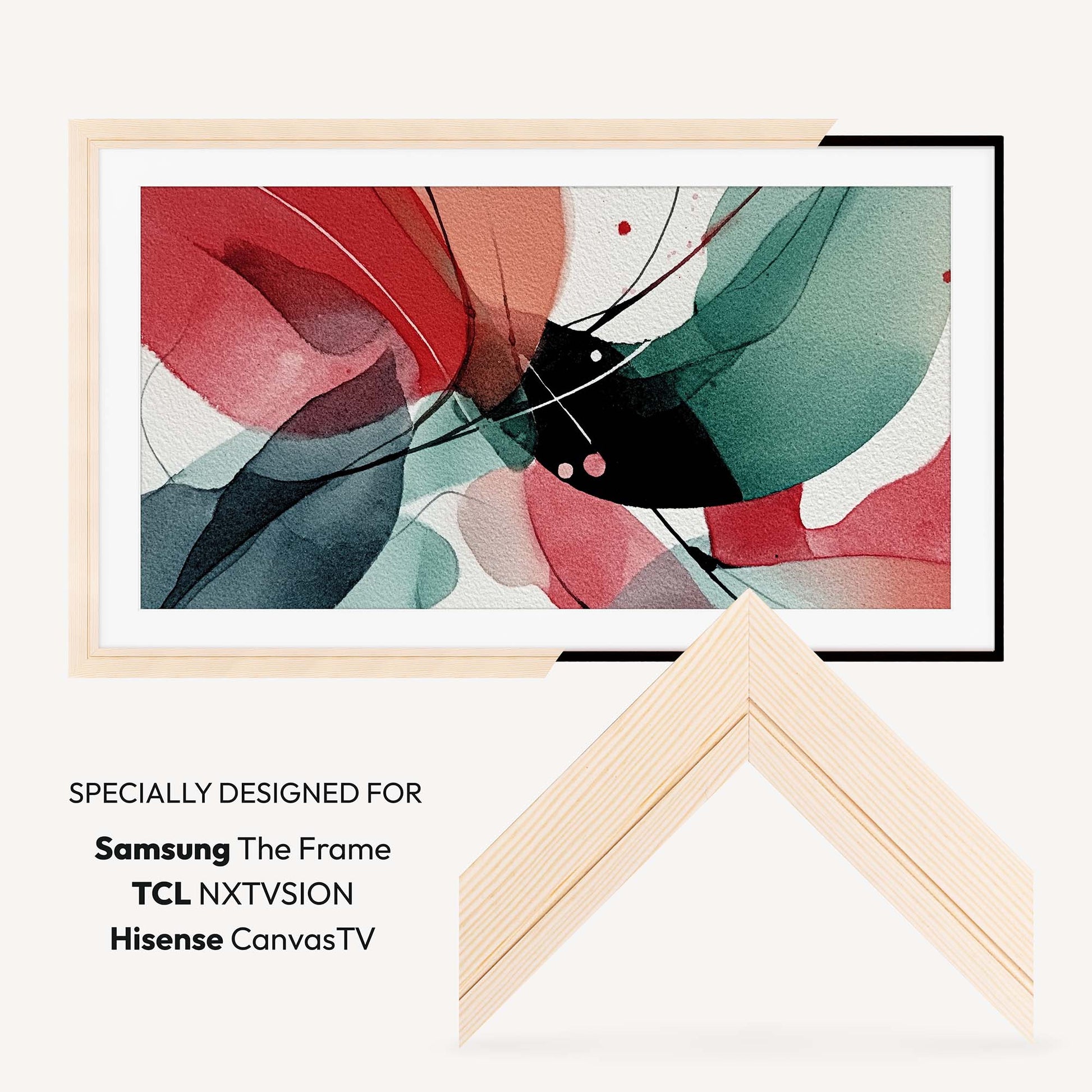 Framed abstract artwork with text indicating compatibility with Samsung, TCL, and Hisense TV models.