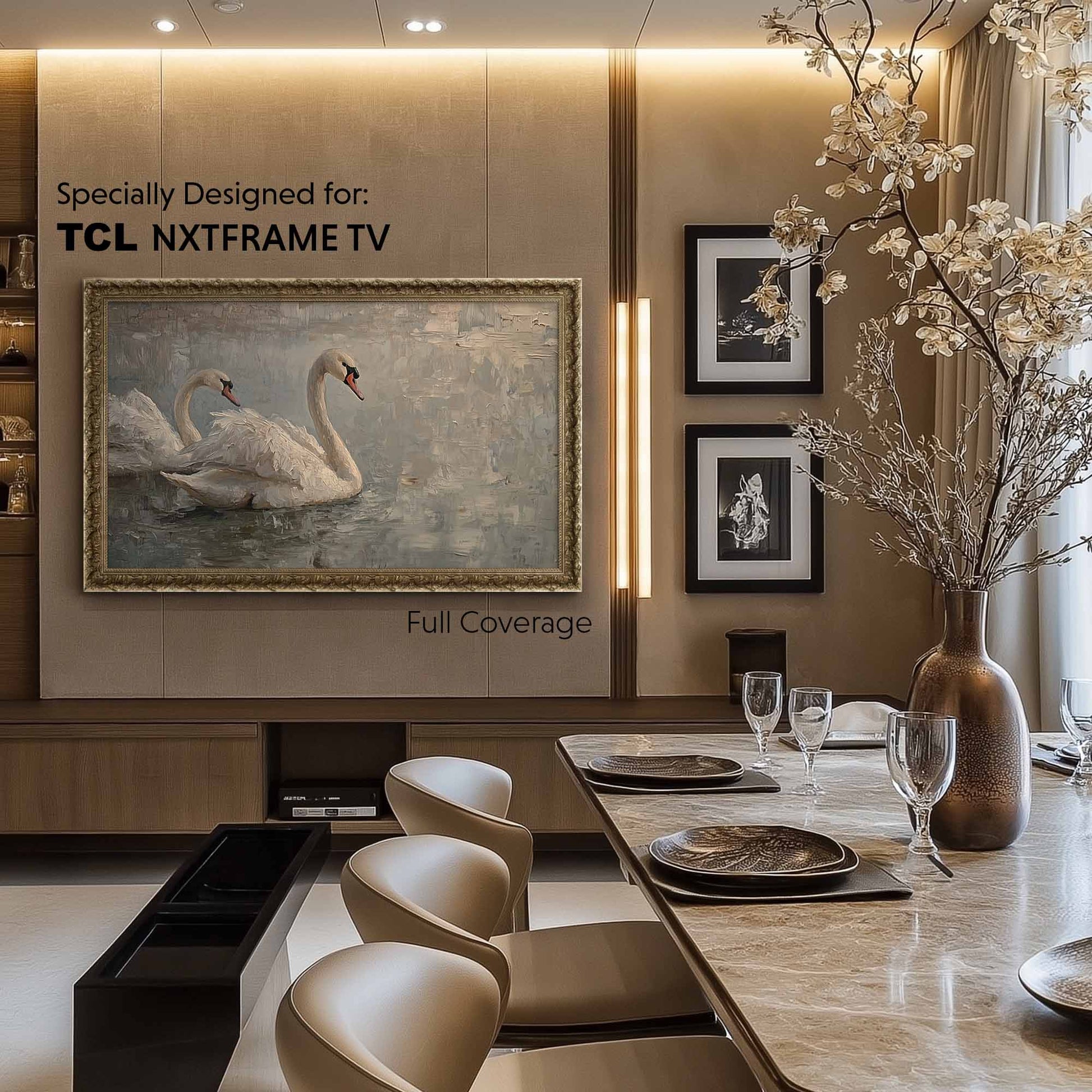 vintage silver frame for Samsung the frame tv above tv console in luxury dining room