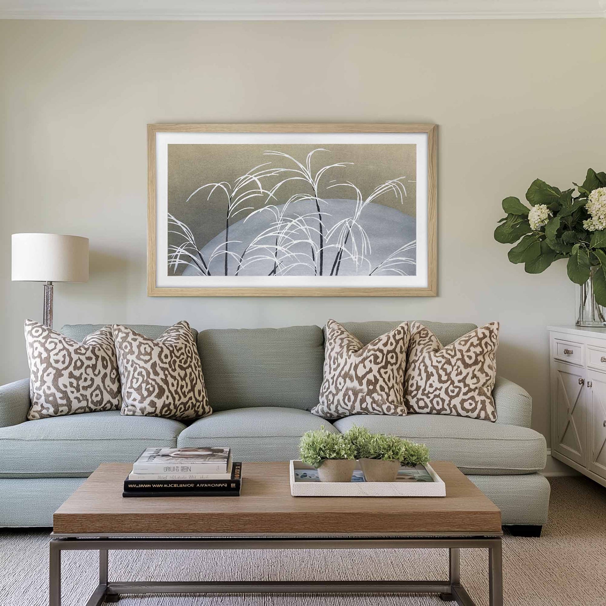 wall mounted Oak Tv frame in mid-sized transitional room