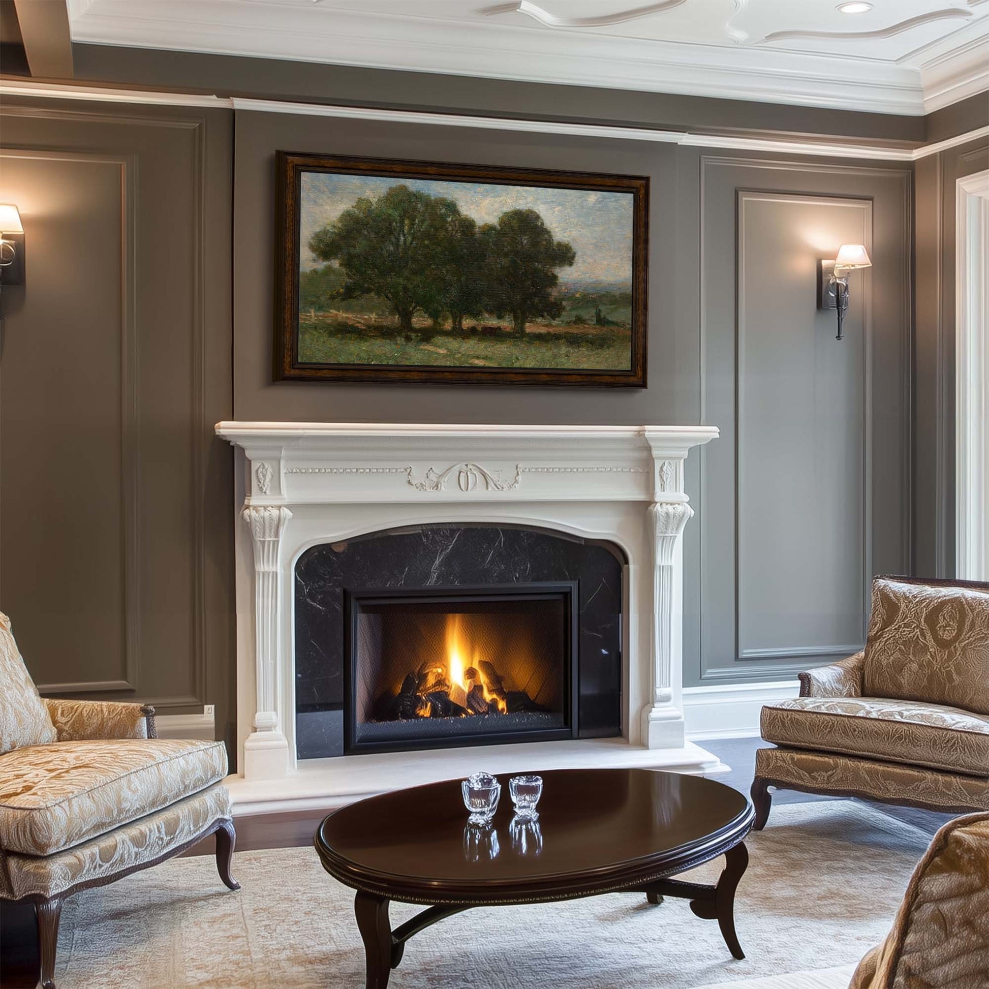 wall mounted tv above fireplace in classic traditional Living Room