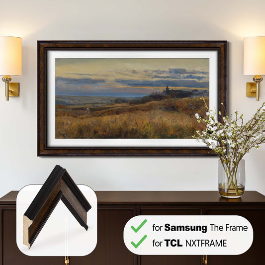 wall mounted tv above the dark brown color tv console in modern design