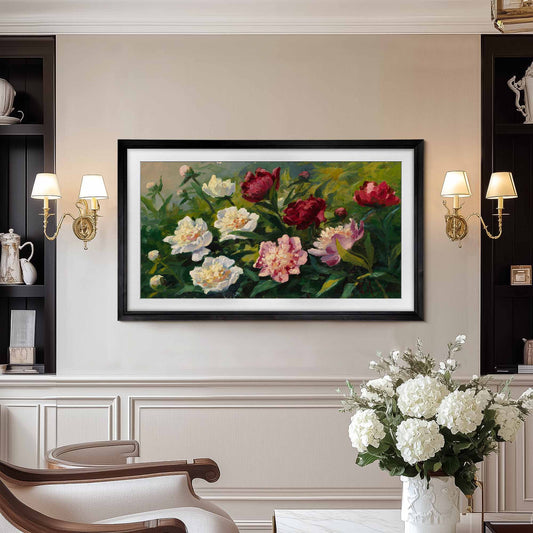 wall mounted tv with black frame in classic interior design