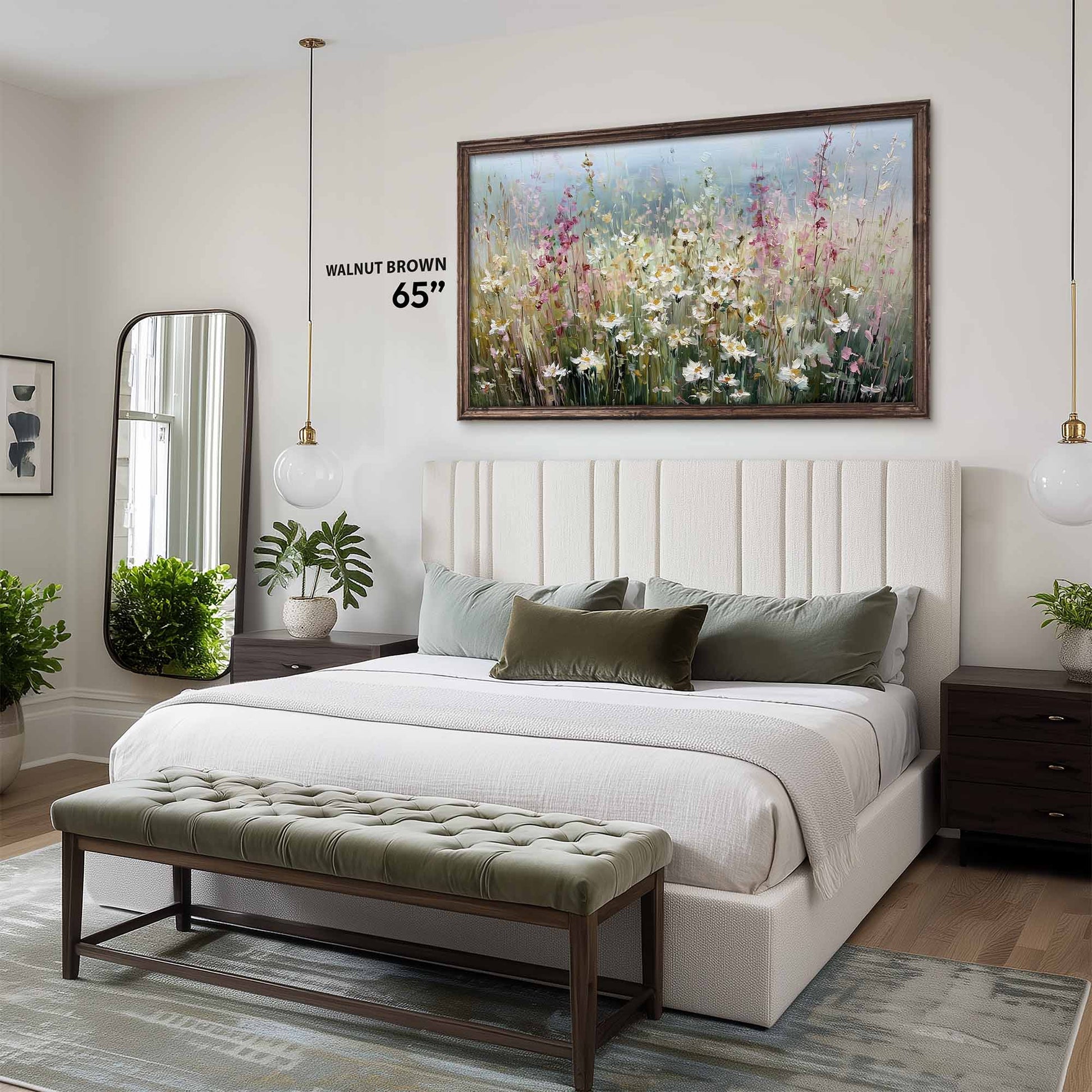 Modern bedroom with a bed, bench, and decorative wall art.
