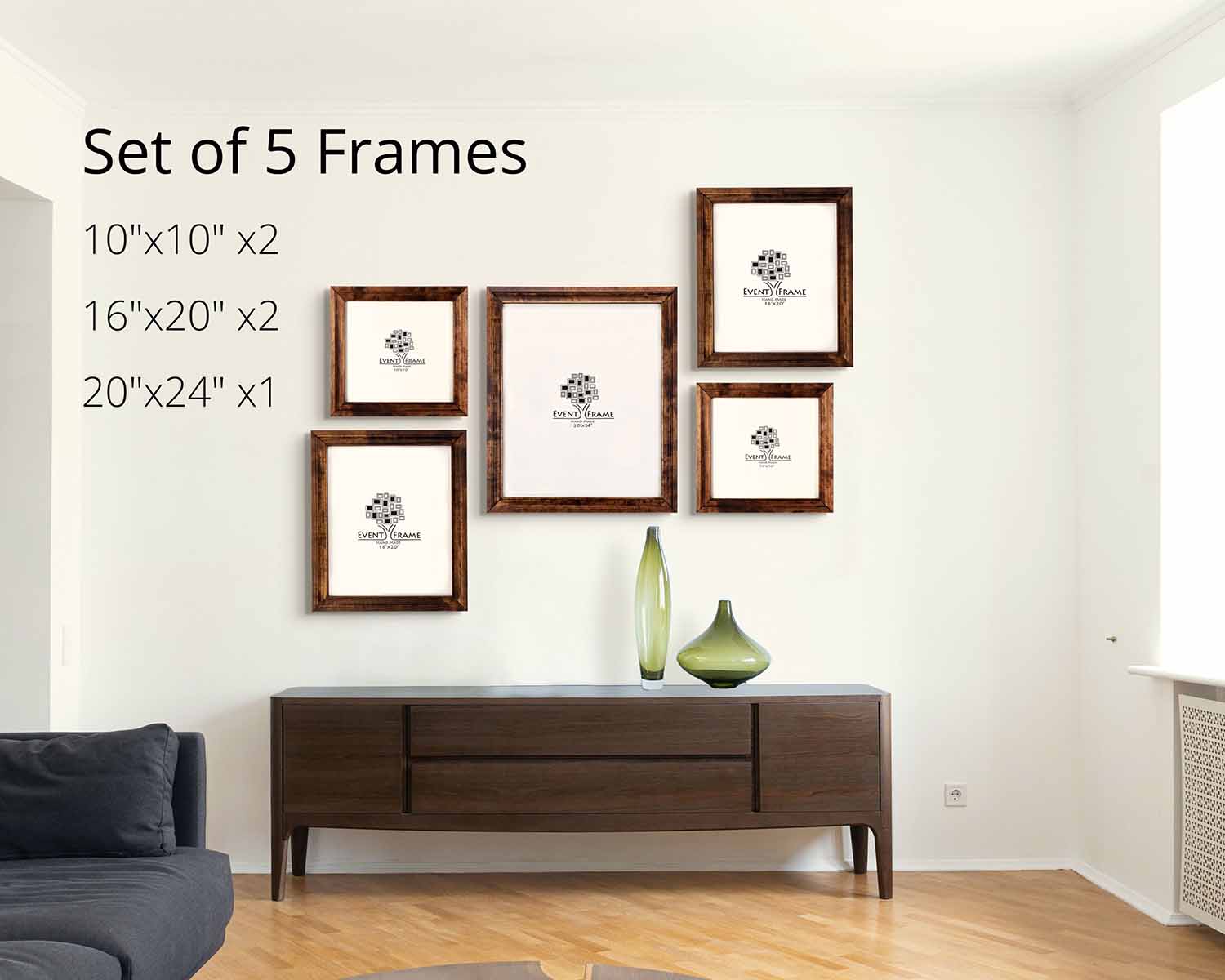 Set of 5 wooden picture frames in minimalistic home interior. 