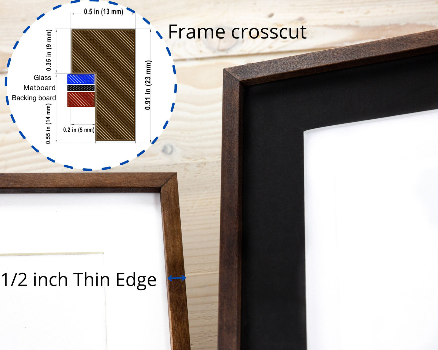 Super Slim Brown Solid Birch Hardwood Photo Frame 1/2 Thin Edge