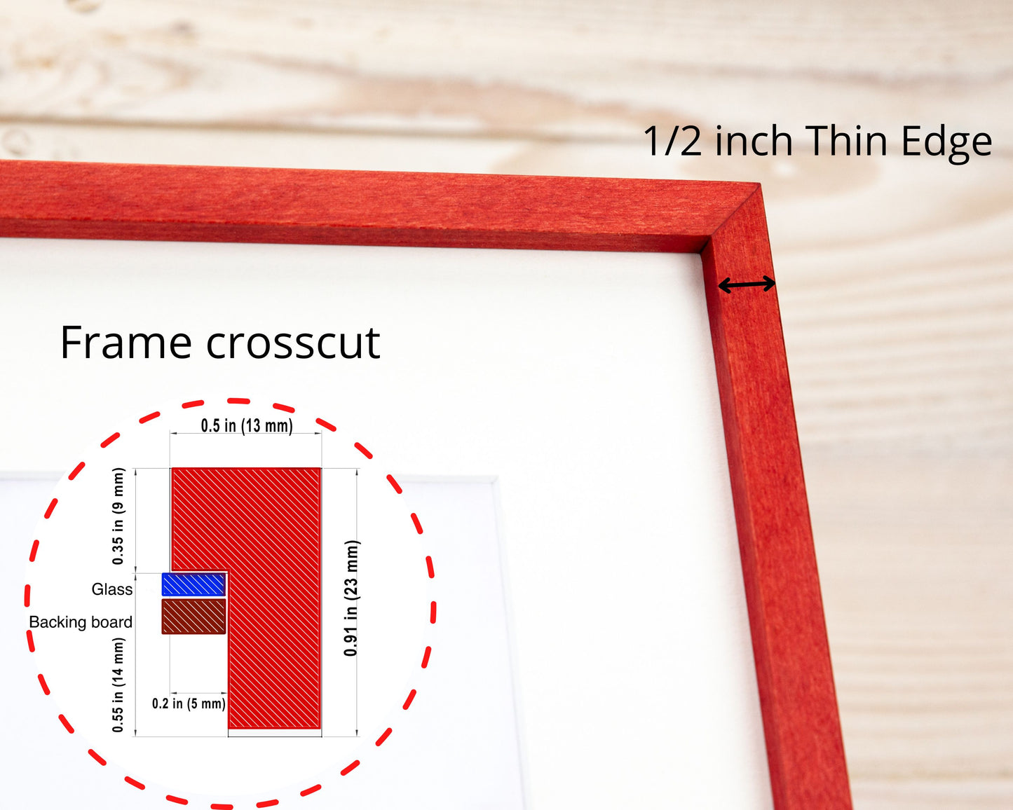 Super Slim Red Solid Birch Hardwood Photo Frame 1/2 Thin Edge