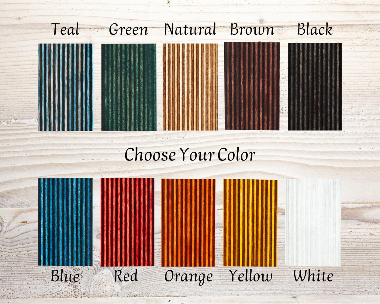 Wooden frame samples in teal green natural brown black blue red orange yellow and white for handmade picture frames.