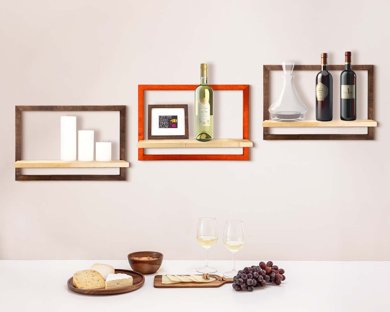 Colorful custom framed shelves for kitchen home decor unique storage. 