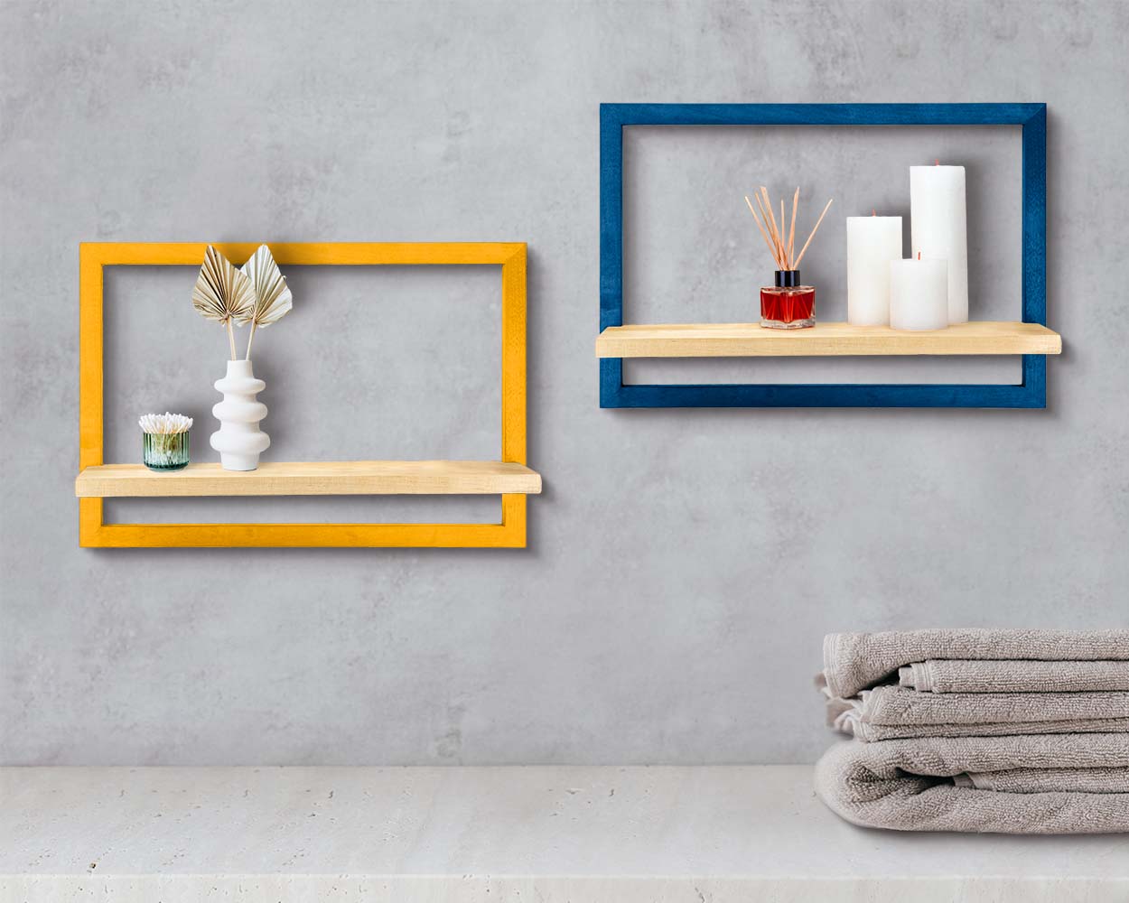 Colorful yellow blue wooden quality framed shelf for bathroom kitchen office home storage gift decor idea. 